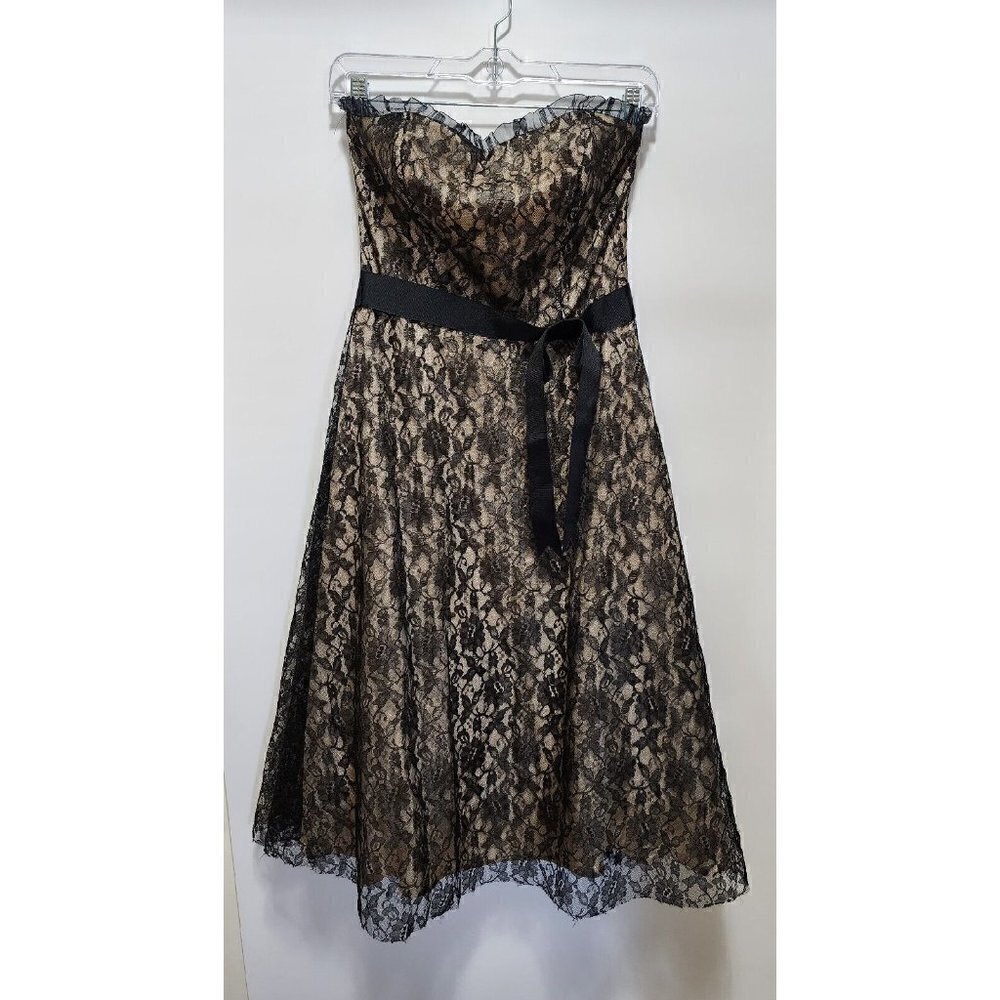 Vtg 80s City Triangles 5/6 Black  Beige Lace Strapless Tank Dress Prom